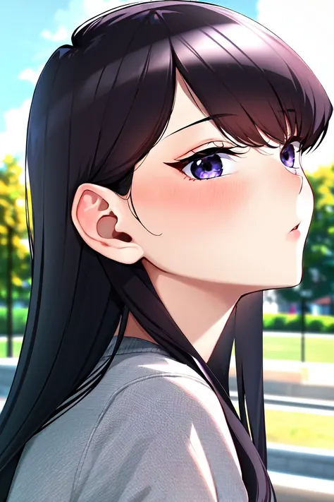 komi shouko, 1girl, absurdres, bangs, black eyes, black hair, day, highres, komi-san wa komyushou desu, long hair, looking up, outdoors, portrait, solo, upper body

<lora:komi_shouko:0.6>