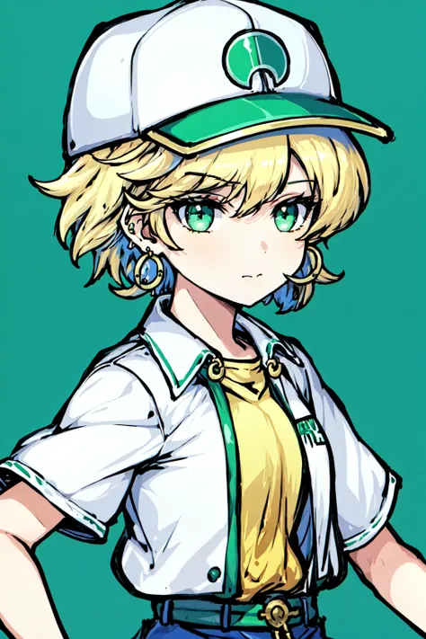 artbytokiame, (masterpiece, best quality), 1girl, aqua eyes, baseball cap, blonde hair, closed mouth, earrings, green background, hat, hoop earrings, jewelry, looking at viewer, shirt, short hair, simple background, solo, upper body, yellow shirt