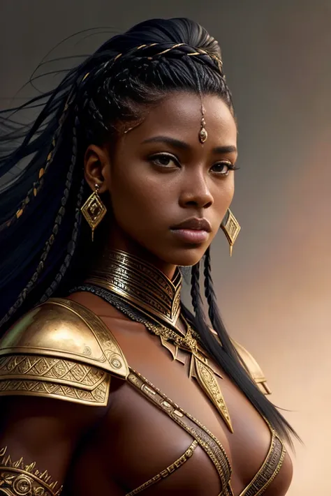 a beautiful (dark skin) woman,  (braids:0.8), warrior princess, tcg artwork, fantasy character, realism, perfect rendered face, perfect face details, oil on canvas, contemporary realism, photography, portrait, professional, canon camera, nikon camera, shar...