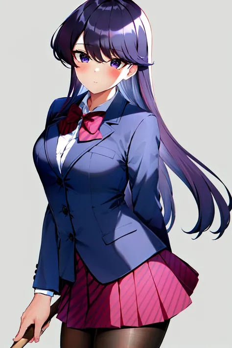 komi shouko, 1girl, bangs, black pantyhose, blazer, blue jacket, blush, bow, bowtie, breasts, closed mouth, collared shirt, commission, cowboy shot, diagonal-striped skirt, expressionless, grey background, highres, jacket, (komi-san wa komyushou desu), lon...