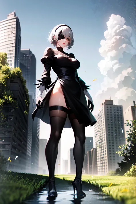 yorha no. 2 type b, 1girl, absurdres, black blindfold, black dress, black hairband, blindfold, blue sky, boots, building, city, cloud, covered eyes, debris, dress, feather-trimmed sleeves, feather trim, from below, gloves, grass, hairband, high heel boots,...
