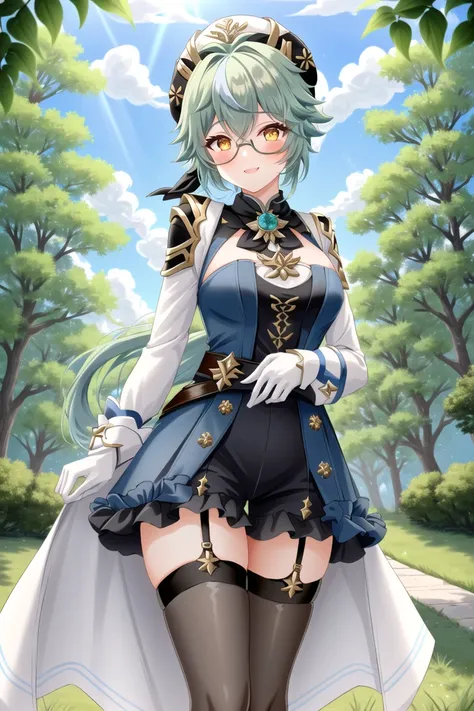 masterpiece, best quality, detailed,
sucrose (genshin impact),
{{ass focus, showing ass, {{{from below, ass grab}}}}},
animal ears, bangs, blue dress, blush, breasts, zettai ryouiki, shorts, semi-rimless eyewear, fur collar, gold trim, green hair, grey thi...