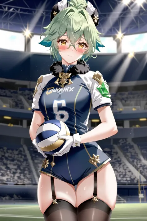 masterpiece, best quality, detailed,
sucrose (genshin impact),
volleyball player, blue volleyball uniform, numbered,
green hair, medium hair, medium breasts, {orange eyes}, ponytail, smile, solo,animal ears, bangs, blush,
grey thighhighs, white beret, zet...