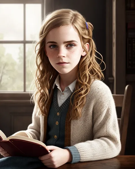 (1 girl) portrait of emma watson as hermione granger sitting next to a window reading a book, other hand not seeing, wearing bla...