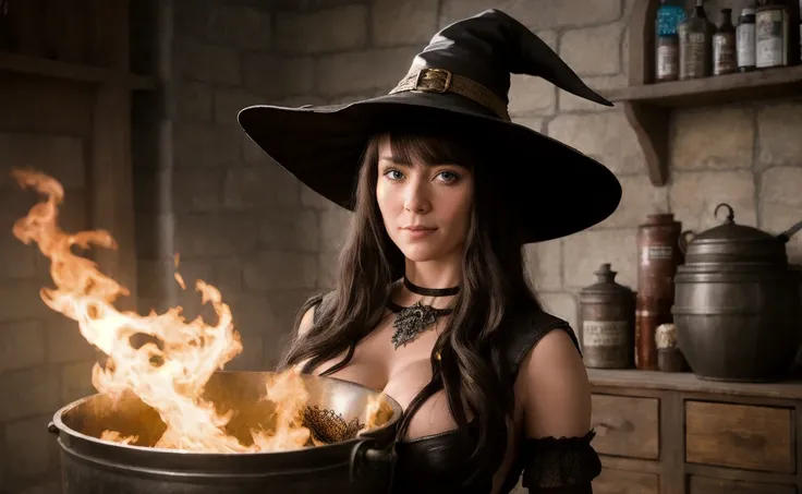 (ultra photorealistic:1.2) high quality RAW cinematic closeup body portrait photo of a cute American witch in a medieval fantasy alchemy workshop at night, standing over a cauldron, (exposed small breasts:1.2), fire under the cauldron smokes, naughty smile...