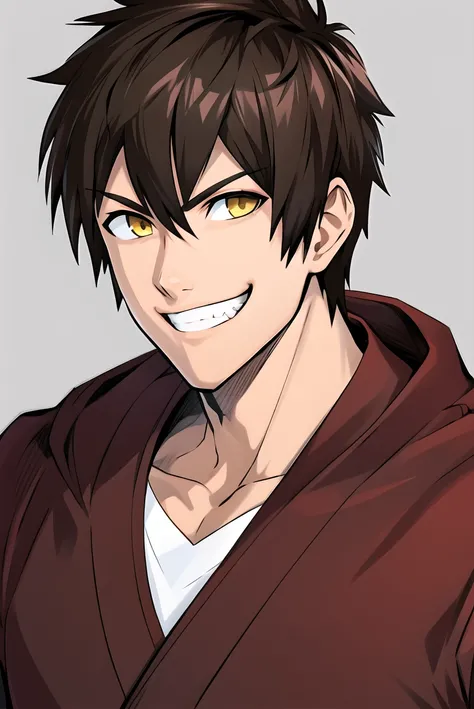 murata yuusuke, 1boy, grey background, brown hair, grin, male focus, pointy hair, portrait, simple background, smile, solo, teeth, upper body, yellow eyes <lora:murata_yuusuke:0.6>