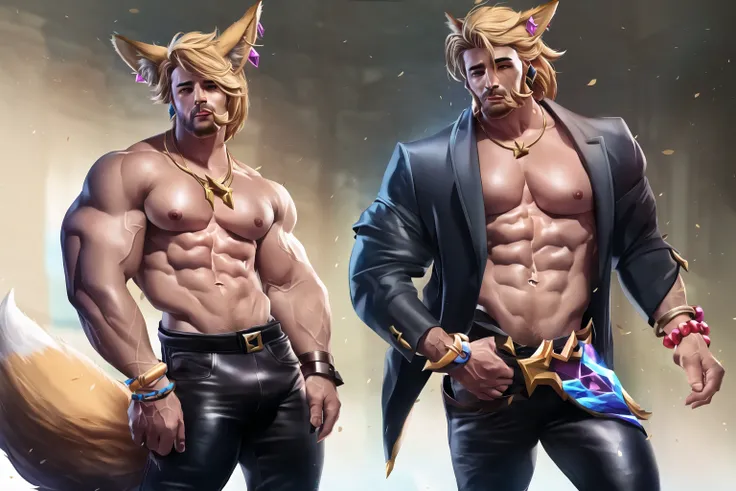 masterpiece, best quality, highres, absurdres, realistic, 1boy, muscular, muscular male, male focus, k/da (league of legends), solo, animal ears, abs, bara, pectorals, blonde hair, jewelry, pants, nipples, open clothes, tail, large pectorals, bracelet, bar...