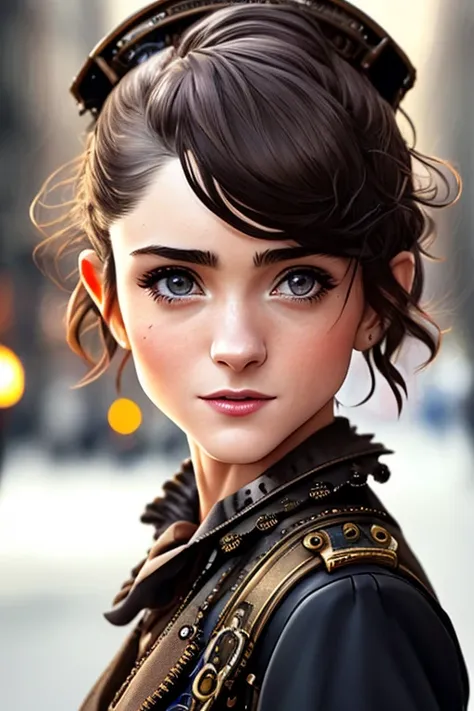 photo of nataliadyer, a woman walking down the street, (((front to camera))), detailed european face, ((((aspiring facial expression)))), (((steampunk style close))), ((steampunk city on the background)), RAW, analog style, ultra detailed photograph, cinem...