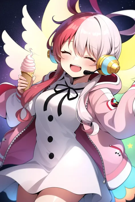 uta (one piece),
1girl, :d, angel wings, beamed eighth notes, blush, bow, breasts, chibi, closed eyes, doily, dress, food, hair rings, headphones, headset, hood, hood down, hooded jacket, ice cream, jacket, long hair, low-tied long hair, low twintails, me...