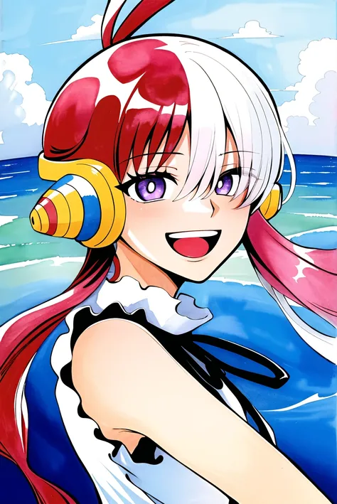 uta (one piece), oda eiichirou,
1girl, :d, bangs, blue ribbon, diamond-shaped pupils, diamond (shape), hair between eyes, headphones, long hair, multicolored hair, open mouth, purple eyes, red hair, ribbon, shirt, signature, sleeveless, sleeveless shirt, ...