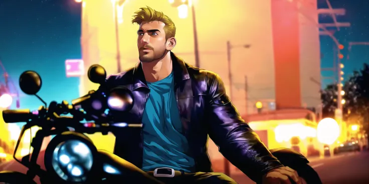 masterpiece, best quality, highres, absurdres, (realistic:1.2), ground vehicle, 1boy, male focus, a homoerotic man sitting on top of a motorcycle, motor vehicle, jacket, blonde hair, leather jacket, solo, leather, realistic, tree, shirt, suburbs, (night:1....