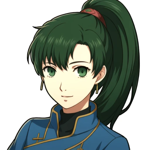 1girl, portrait, solo, white background, lyn \(fire emblem\), green hair, green eyes, ponytail, blue dress, 

<lora:lynfireemble...