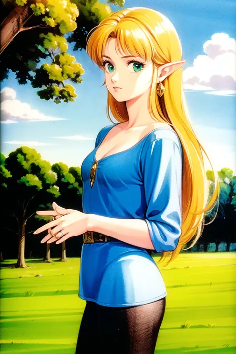 takada akemi, princess zelda,

1girl, bangs, blonde hair, breasts, bridal gauntlets, closed mouth, expressionless, from side, green eyes, highres, jewelry, long hair, long sleeves, nintendo, outdoors, pointy ears, ring, small breasts, solo, standing, the l...