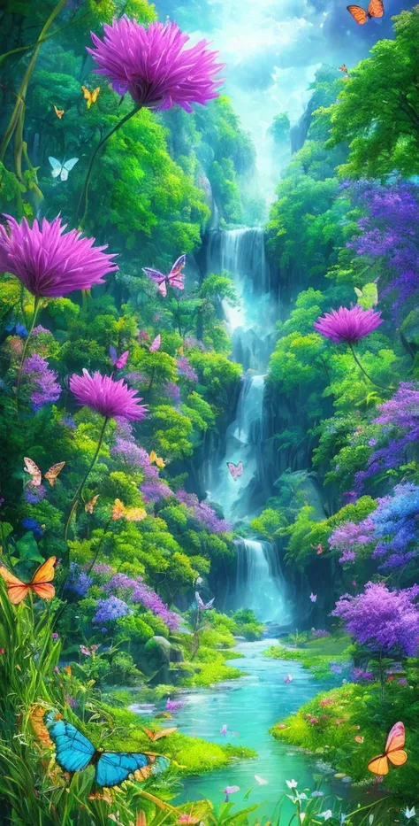 masterpiece, best quality, high quality, extremely detailed CG unity 8k wallpaper, An extremely colorful and purely fantasy environment with vibrant hues and a bright sky, landscape of bright green grass, colorful trees, glittering fruits, and bright blue ...