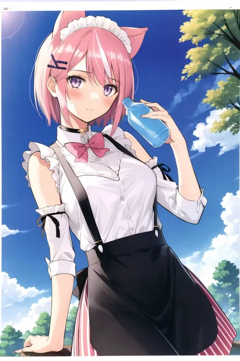 tony taka,
1girl, animal ears, apron, artist name, bangs, bare shoulders, blue sky, blush, bottle, bow, bowtie, breasts, buttons, cat ears, choker, cloud, cloudy sky, crop top, day, detached sleeves, hair ornament, holding, looking at viewer, maid headdre...