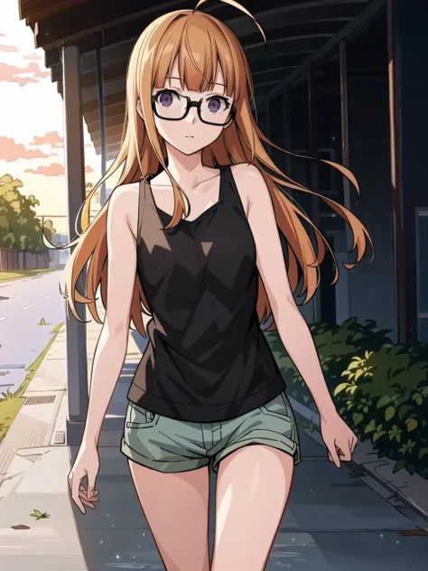 masterpiece, best quality, highres, extremely detailed CG unity 8k wallpaper, realistic shadows, warm lighting,
an extremely delicate and beautiful portrait of dsfutaba, long orange hair, (ahoge:0.9), glasses, blunt bangs, purple eyes, tank top, shorts, (b...