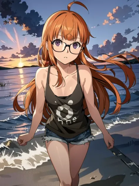 masterpiece, best quality, highres, extremely detailed CG unity 8k wallpaper, realistic shadows, warm lighting,
an extremely delicate and beautiful portrait of dsfutaba, long orange hair, (ahoge:0.9), glasses, blunt bangs, purple eyes, tank top, shorts, (b...