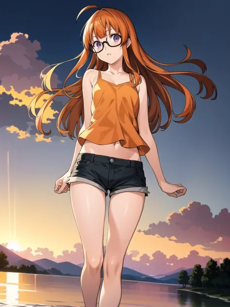 masterpiece, best quality, highres, extremely detailed CG unity 8k wallpaper, realistic shadows, warm lighting,
an extremely delicate and beautiful portrait of dsfutaba, long orange hair, (ahoge:0.9), glasses, blunt bangs, purple eyes, tank top, shorts, (b...