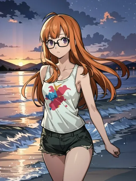 masterpiece, best quality, highres, extremely detailed CG unity 8k wallpaper, realistic shadows, warm lighting,
an extremely delicate and beautiful portrait of dsfutaba, long orange hair, (ahoge:0.9), glasses, blunt bangs, purple eyes, tank top, shorts, (b...
