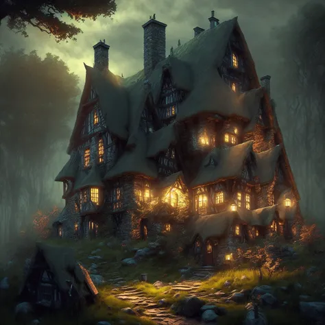 a dramatic image of a cottage in the woods, cottagecore, vmpr, night time, dramatic, wallpaper, cinematic, great lighting, absurdres