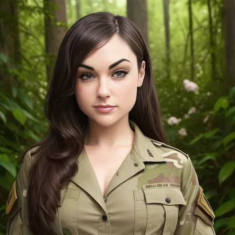 Picture, best quality,solo, portrait photo of Koh_SashaGrey wearing army outfit posing, looking at viewer, perfect face, perfect eyes, smiling, sharp focus, jungle background, forest, trees, vines, flowers, bushes