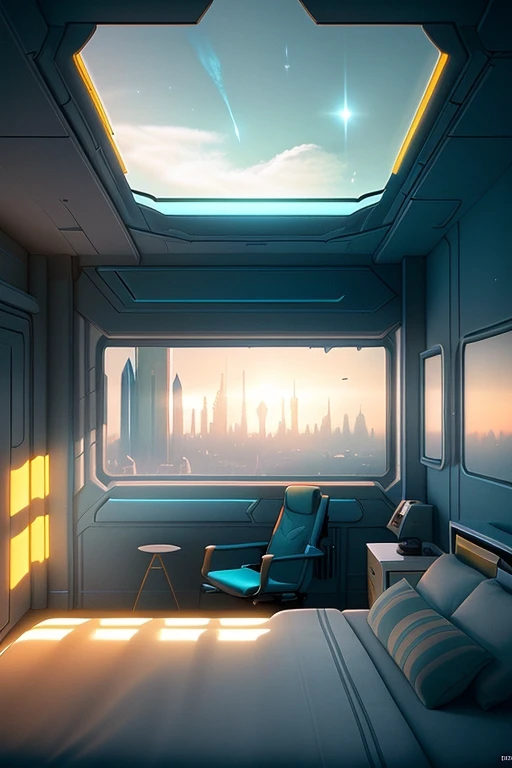 a gorgeous sci - fi bedroom matte painting by john harris, sparth and greg rutkowski. sharp edges, tiffany blue, grey orange, white and golden. sci - fi bedroom in a space base, outside the windows a future city skyline, light effect. ultra clear detailed,...