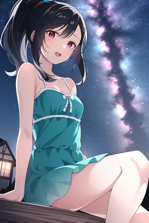 tifa lockhart, final fantasy vii remake, (red eyes), 1girl, bare shoulders, aqua dress, black hair, green dress, sleeveless dress , sundress, house, long hair, night, night sky, open mouth, outdoors, ponytail, sitting, sky, sleeveless, sleeveless dress, st...