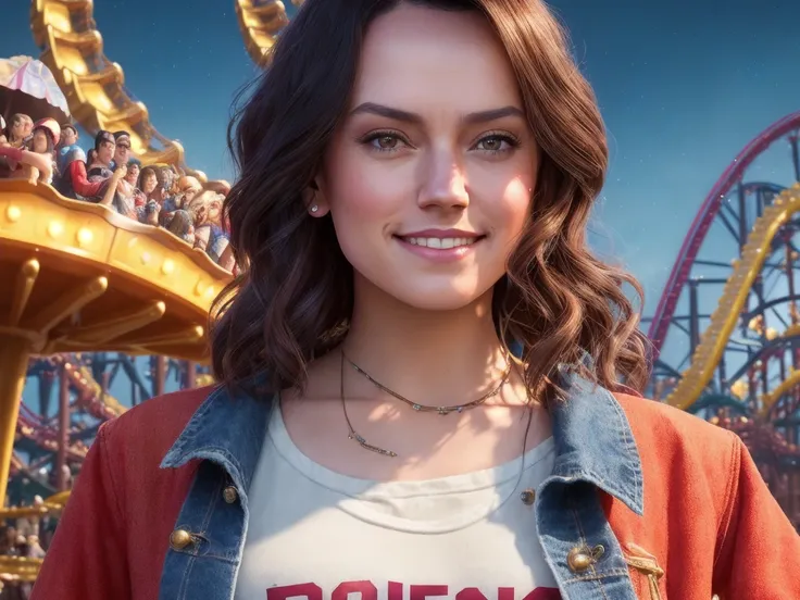 adorable (emb-daisy:1.0) girl at an amusement park,(close shot:1.1), short dark hair,smiling at the camera,(roller coasters:1.2), merchant stalls selling food and souvenirs, bright colorful banners over wide walkways, (wearing jeans and a t-shirt:1.2)
(hig...