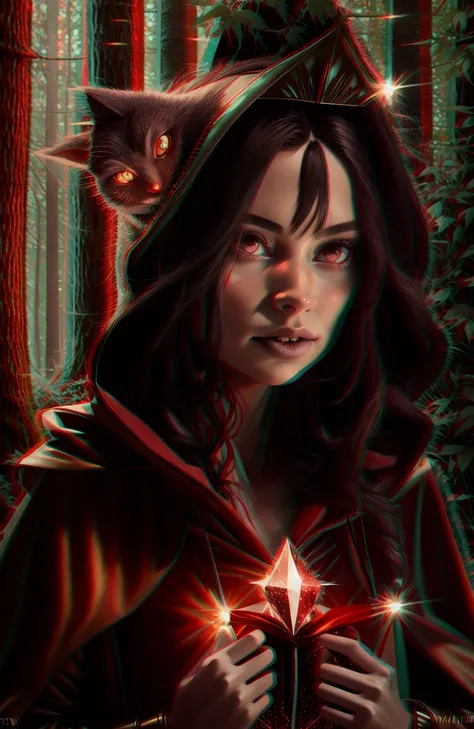 award winning medium portrait of a cute [red riding hood:werewolf:1.4] in a dark spooky forest, scary, (backlighting), realistic, masterpiece, highest quality, ((red hooded cape)), ((scared)), lens flare, shade, bloom, ((light sparkles)), [chromatic aberra...