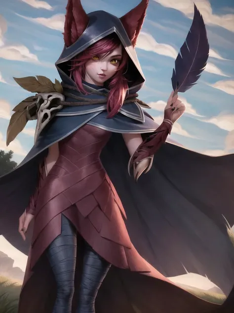grass, sky, field, xayah, league of legends, 1girl, animal ears, bandaged leg, thighhighs, bandages, belt, bird legs, bird skull, cloak, closed mouth, ears through headwear, eyes visible through hair, facial mark, feathers, hood, hood up, hooded cloak, lon...
