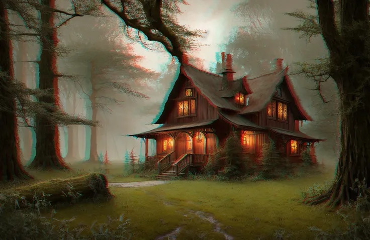 photo of an intricate Witch cottage, centered, surrounded by forest, clear focus, very coherent, majestic oil painting by Ed Blinkey, Atey Ghailan, Greg Manchess, Antonio Moro, trending on ArtStation, trending on CGSociety, Intricate, High Detail, Sharp fo...