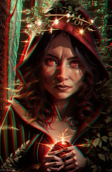 award winning medium portrait of a cute [red riding hood:werewolf:1.4] in a dark spooky forest, scary, (backlighting), realistic, masterpiece, highest quality, ((red hooded cape)), ((scared)), lens flare, shade, bloom, ((light sparkles)), [chromatic aberra...
