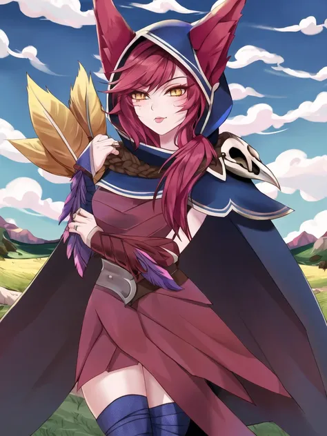 grass, sky, field, xayah, league of legends, 1girl, animal ears, bandaged leg, thighhighs, bandages, belt, bird legs, bird skull, cloak, closed mouth, ears through headwear, eyes visible through hair, facial mark, feathers, hood, hood up, hooded cloak, lon...