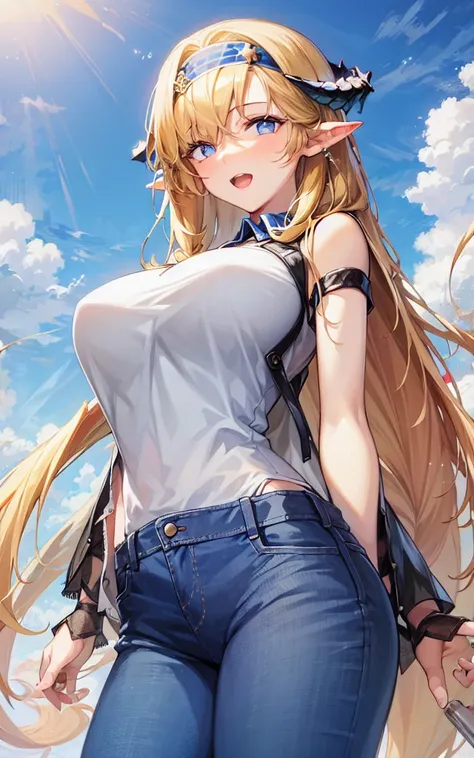1girl,origentou,cowboyshot,jeans,t-shirt,headband,horns