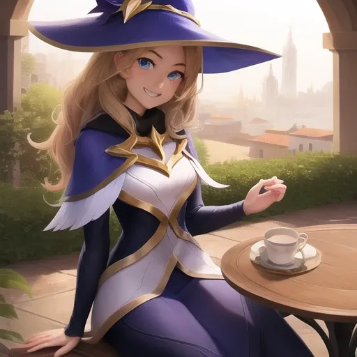 wizard hat, alternate costume, table, sitting, smile, teeth, looking at viewer, lux, luxanna crownguard, league of legends, cowboy shot, looking at viewer, 1girl, solo, blonde hair, blue eyes, <lora:lux-000032:1>