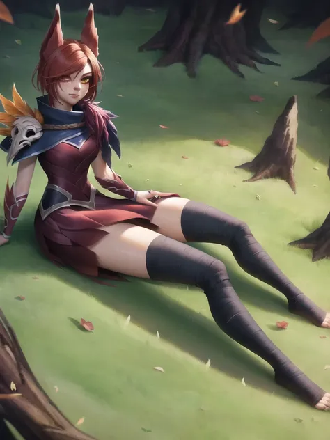 grass, sky, field, xayah, league of legends, 1girl, animal ears, bandaged leg, thighhighs, bandages, belt, bird legs, bird skull, cloak, closed mouth, eyes visible through hair, facial mark, feathers, (hood down:1.5), long hair, yellow eyes, red hair, talons, vambraces, blue capelet, cape, capelet, hair over shoulder, red dress, dress, nose ring, nose piercing <lora:xayah-000030:1>