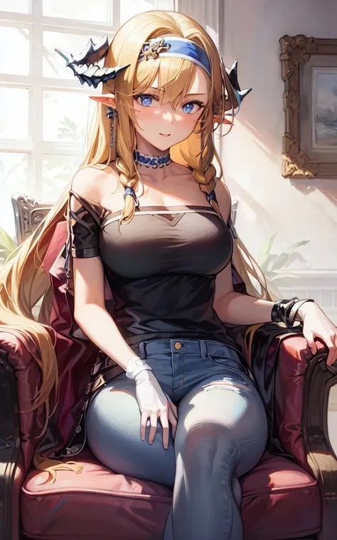 1girl,origentou,cowboyshot,jeans,t-shirt,horns,chair,sitting,cross legs,headband