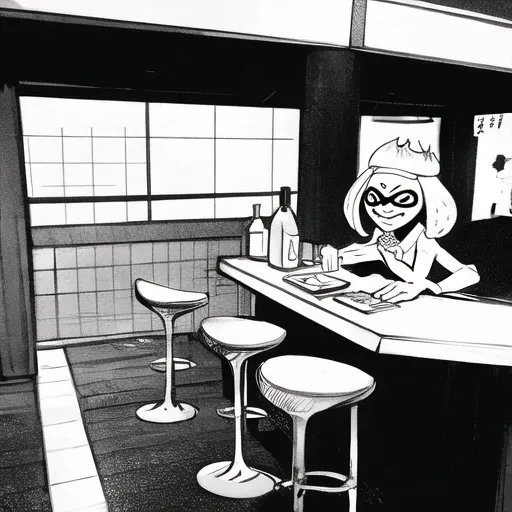 splatoon, pearl, run down 60s japanese bar, sad, alcohol, sketch illustration.