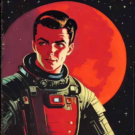 painting of a man wearing a red scifi spacesuit, dark background, dark shadows, at night, simple background, scifi, retro, determined, at night, pulp, faded colors, short hair style, olfn