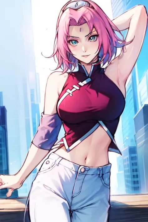 1girl, haruno_sakura, looking at viewer, tanktop, shirt, SFW