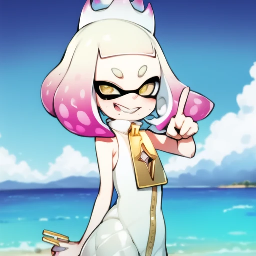 splatoon, pearl, inkling, cute, sfw, peace hand signs, beach background, happy