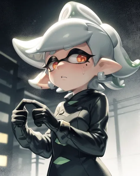 splatoon, inkling, marie, cute, (cyberpunk city background), saturated colors, horror, sketch, creepy, glowing red eyes, sad, ra...