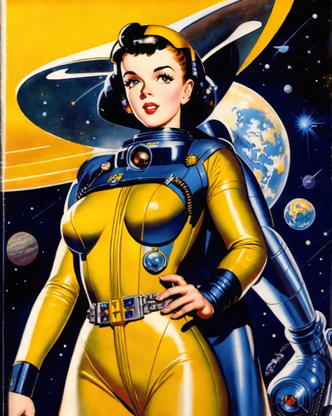 a painting, by Allen Anderson, full shot, bright colors, well lit; a man, floating, wearing a spacesuit, wearing a bubble helmet; a woman, floating, wearing a yellow dress, wearing a bubble helmet, chain around her arm; in space, a planet in background, sp...