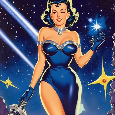 a woman in a sparkly strapless dress and gloves with one hand on her hip holding a scifi thing in her hand, with a space background, blue background, shining hair, rocket in foreground, eyes open, mouth closed, stars in sky, pulp, by Earle Bergey, pulp sty...