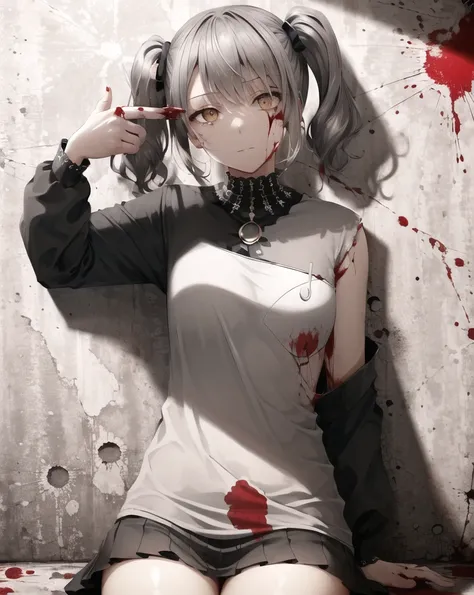 bored and expressionless girl wearing fancy punk clothes and jewelry with finger gun to head, finger gun, there are cuts on her body, sitting, grey hair, (hair intakes, twintails:1.3), brown eyes, (wall with bullet holes:1.3), (blood splatter:1.3), wisps o...