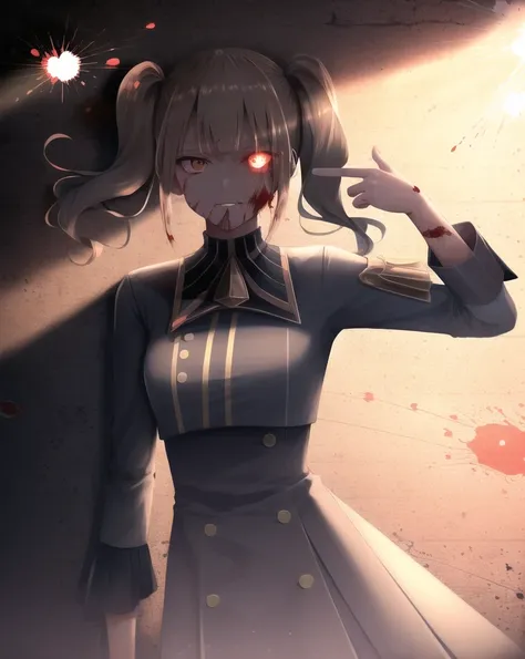 evil girl wearing fancy punk clothes and jewelry with finger gun to head, finger gun, (vanishing point:1.2), brown hair, (hair intakes, low twintails:1.3), light red eyes, (wall with bulletholes:1.3), (blood splatter:1.3), wisps of smoke, (dark background,...