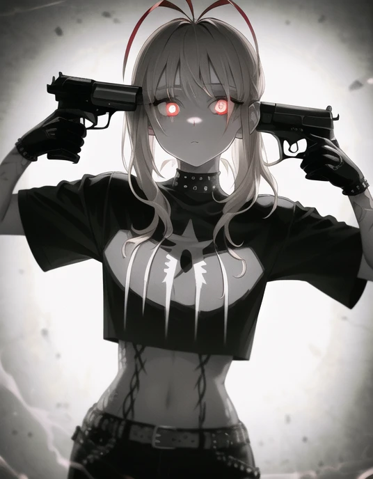 girl wearing black punk style clothes with gun to head, cowboy shot, (expressionless, constricted pupils, crazy eyes:1.2), Oatmeal hair, (antenna hair, pointy hair:1.3), light brown eyes, eyeshadow, glowing eyes, gun, holding gun, dark background, dark lig...