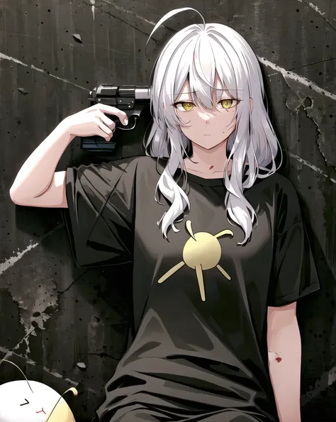 tired apathetic girl wearing black urban style clothes with jewelry with one gun to head, sitting and crossed legs, (one arm resting:1.4), expressionless, white hair, (ahoge, long hair:1.3), amber eyes, bags under eyes, dark background, dark lighting, guns...