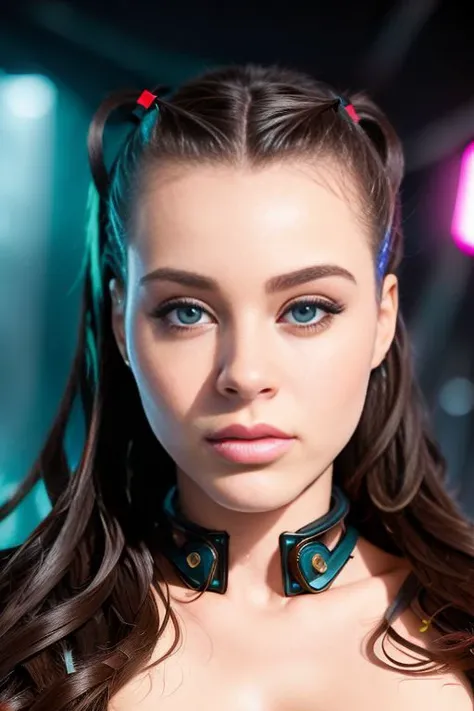 Best quality, picture of the beautiful Koh_LanaRhoades posing wearing cybernetic armor, looking at viewer, perfect face, perfect eyes, sharp focus, neon factory background, lights, machinery, cyberpunk style