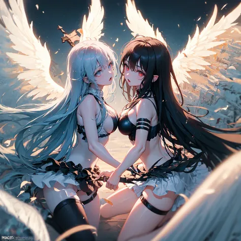 masterpiece, best quality, ultra-detailed, ((black demon girl with black wings and white angel girl with white wings fighting each other using greatsword)),detailed face,moonlight sword,glowing sword,halo,fighting stance,war,battle,guardian angel,babylon,c...